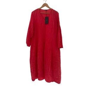 Grizas Dress Midi Lagenlook Women  XXL Red Long Sleeve Crinkle‎ Linen Silk New